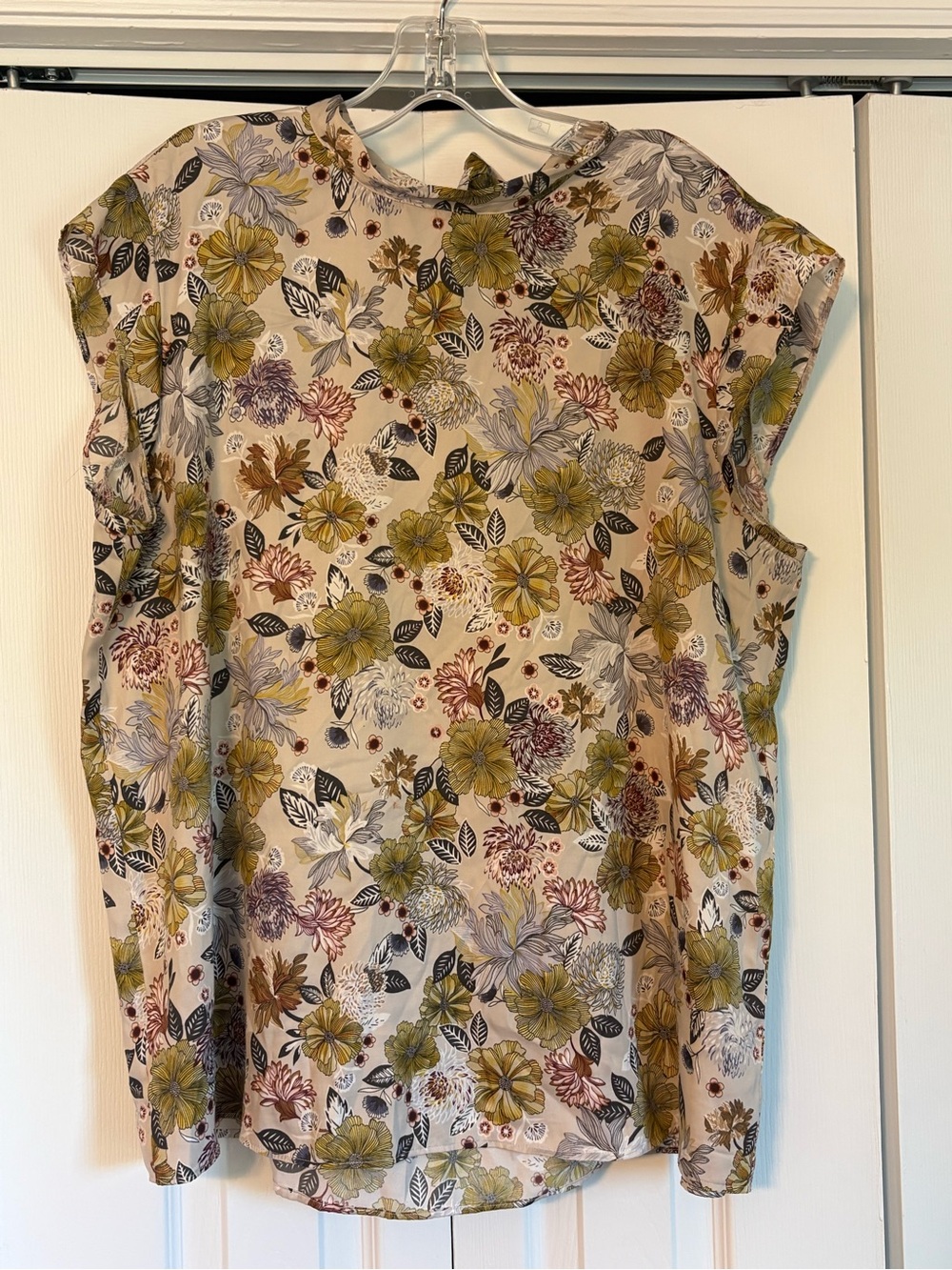 LOFT Floral Cap-Sleeve Blouse in Cream, Chartreuse & Maroon